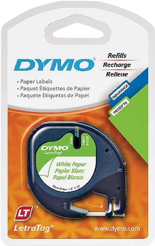 Dymo LetraTag 10697 Paper Label, 13 ft L, 1/2 in W, Black/White Legend, White Background