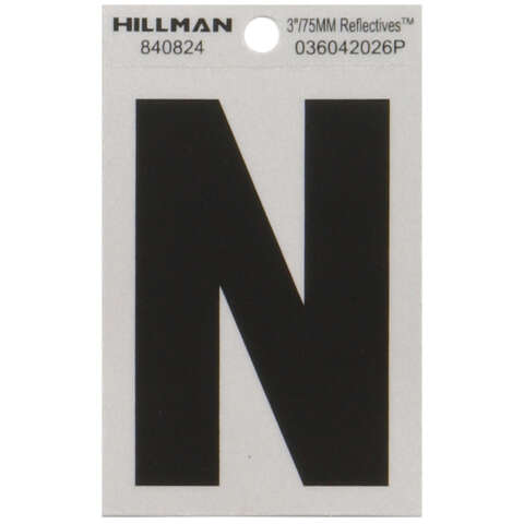 HILLMAN 3 in. Reflective Black Vinyl Self-Adhesive Letter N 1 pc, Pack of 6