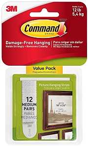 Command 17204-12ES Medium Picture Hanging Strip, 3/4 in W, 2-3/4 in L, Foam Backing, White, 3 lb, Pack of 6