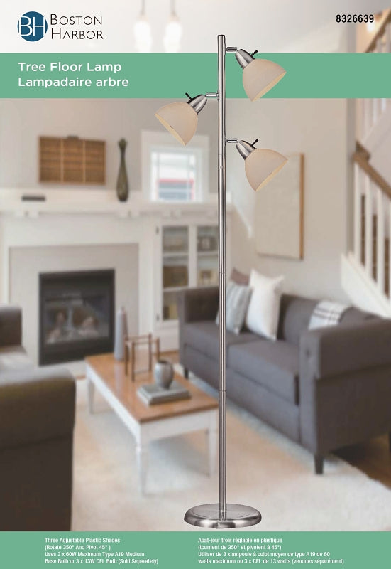 Boston Harbor TL-TREE-648 Tree Lamp, 120 V, 180 W, 3-Lamp, Incandescent Lamp, Metal, Brushed Nickel Finish