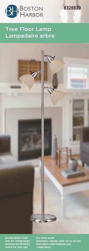 Boston Harbor TL-TREE-648 Tree Lamp, 120 V, 180 W, 3-Lamp, Incandescent Lamp, Metal, Brushed Nickel Finish