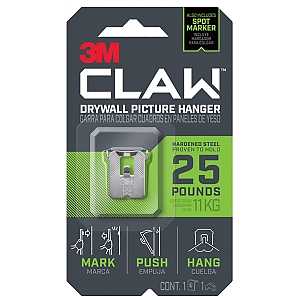 3M CLAW 3PH25M-1ES Drywall Picture Hanger, 25 lb, Steel, Push-In, 1/PK, Pack of 4