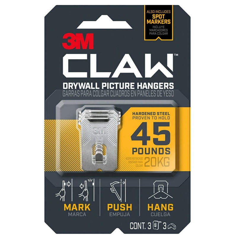 3M CLAW 3PH45M-3ES Drywall Picture Hanger, 45 lb, Steel, Push-In, 3/PK, Pack of 4