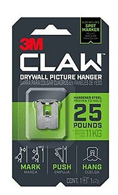 3M CLAW 3PH25-1ES Drywall Picture Hanger, 25 lb, Steel, 1/8 in Projection, Hanging, Wall Mounting