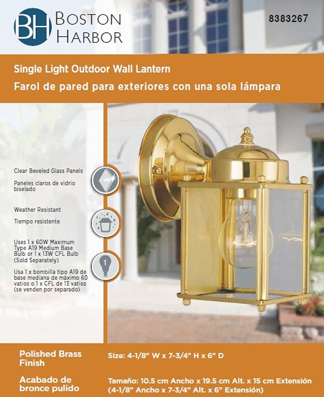 Boston Harbor 4000NH-2-3L Outdoor Wall Lantern, 120 V, 60 W, Steel Fixture, Polished Brass Fixture