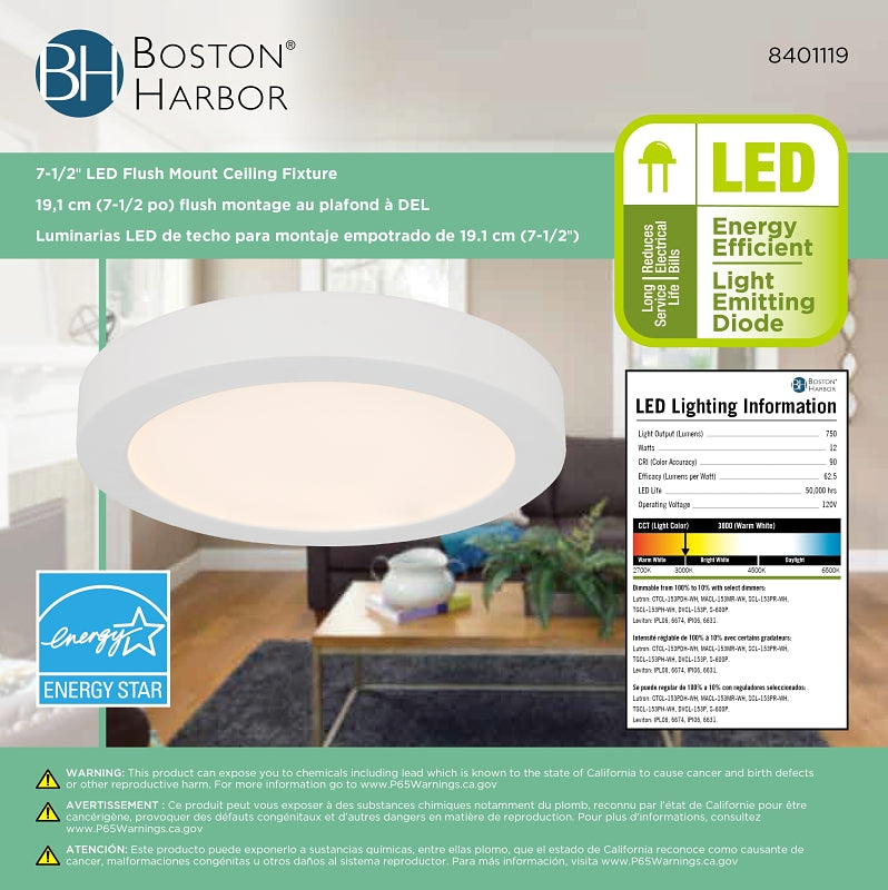 Boston Harbor CL040B WH Ceiling Light Fixture, 0.1 A, 120 V, 12 W, LED Lamp, 750 Lumens, 3000 K Color Temp