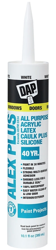 DAP 18152 Acrylic Latex Caulk with Silicone, White, -20 to 180 deg F, 10.1 fl-oz Cartridge, Pack of 12