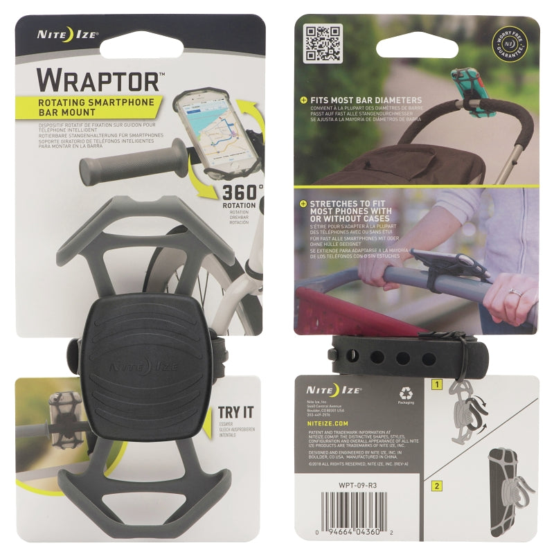 Nite Ize Wraptor WPT-09-R3 Rotating Smart Phone-Mount, Gray, Bar Mounting