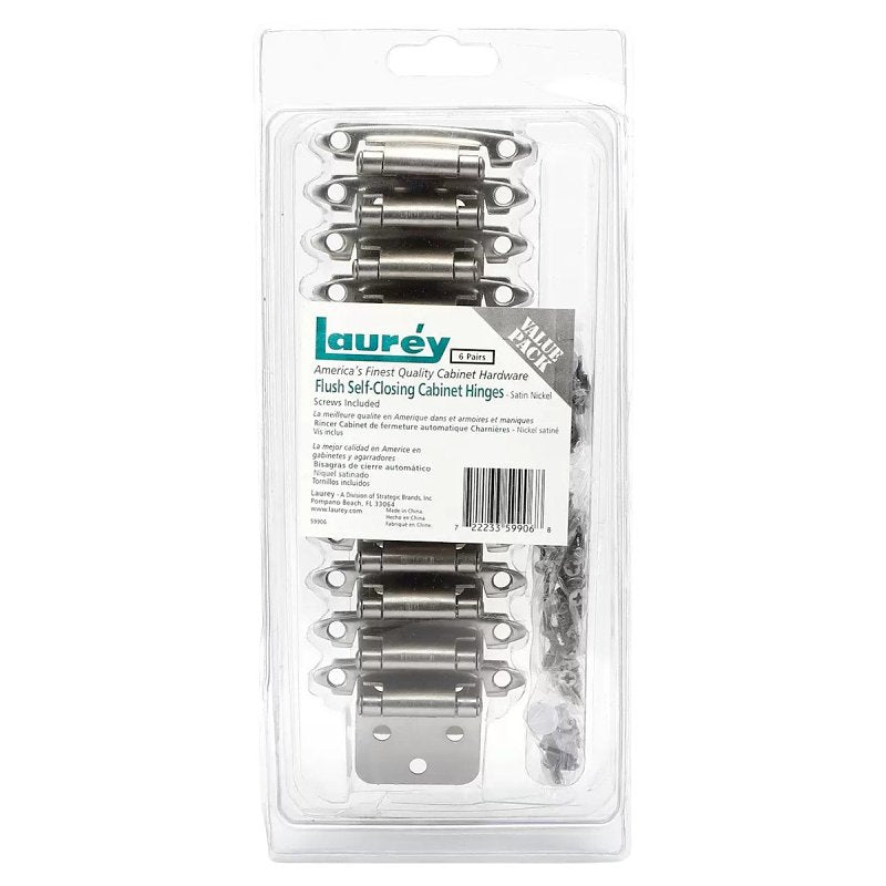 Laurey 59906 Cabinet Hinge, 90 deg Hinge Opening, Self Close, Brushed Satin Nickel