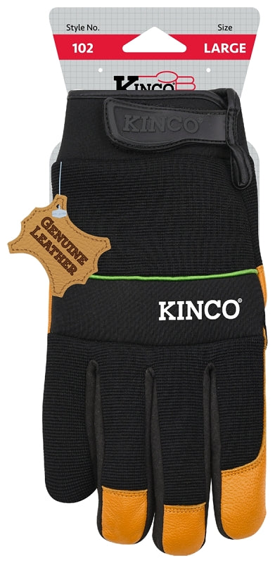 KincoPro 102-M Safety Gloves, M, Gold, Men's, Wing Thumb, Hook and Loop, Polyester/Spandex, Goatskin Leather Palm