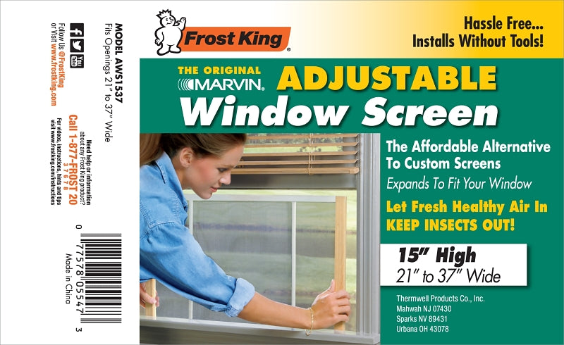 Frost King W.B. Marvin AWS1537 Window Screen, 15 in L, 21 to 37 in W, Aluminum
