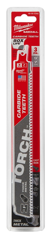 Milwaukee TORCH 48-00-5302 Series Reciprocating Saw Blade, 1 in W, 9 in L, 7 TPI, Carbide Cutting Edge