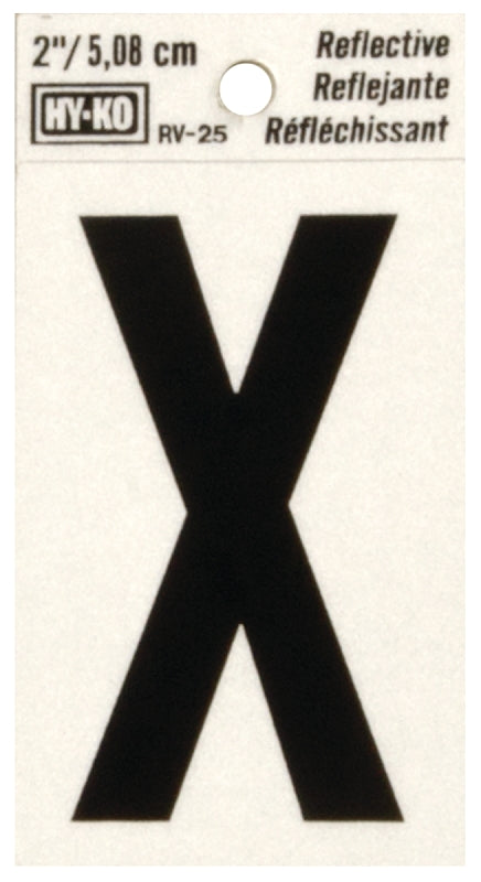 Hy-Ko RV-25/X Reflective Letter, Character: X, 2 in H Character, Black Character, Silver Background, Vinyl, Pack of 10