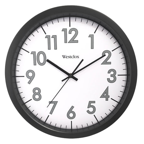 Westclox 32067 Clock, 14 in Dia, Round, Black Frame, Plastic Clock Face, Analog, Glass Lens