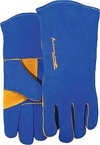 ForneyHide 53422 Welding Gloves, Men's, L, 13-1/2 in L, Gauntlet Cuff, Leather Palm, Blue, Reinforced Crotch Thumb