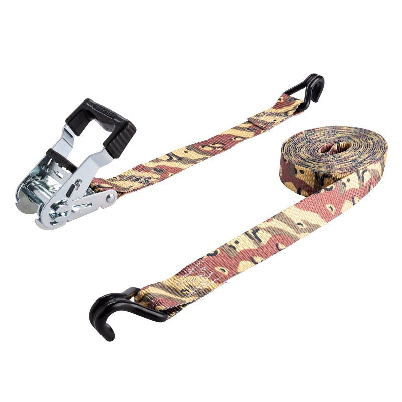 Keeper 47322 Ratchet Tie-Down with Open Handle, 1-1/4 in W, 16 ft L, Camo, 1000 lb Working Load, J-Hook End