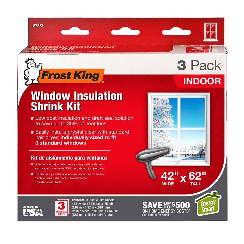 Frost King V73/3H Indoor Shrink Window Kit, 42 in W, 0.75 mil Thick, 62 in L, Plastic, Clear, 3/PK