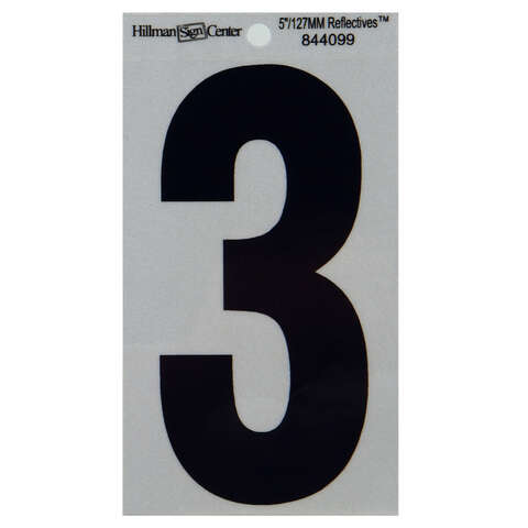 HILLMAN 5 in. Reflective Black Vinyl Self-Adhesive Number 3 1 pc, Pack of 6