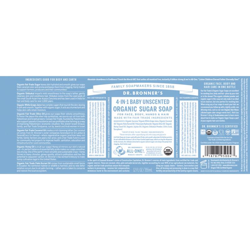 Dr. Bronner's 4-in-1 Baby Organic Baby Unscented Scent Sugar Soap 12 oz, Pack of 12