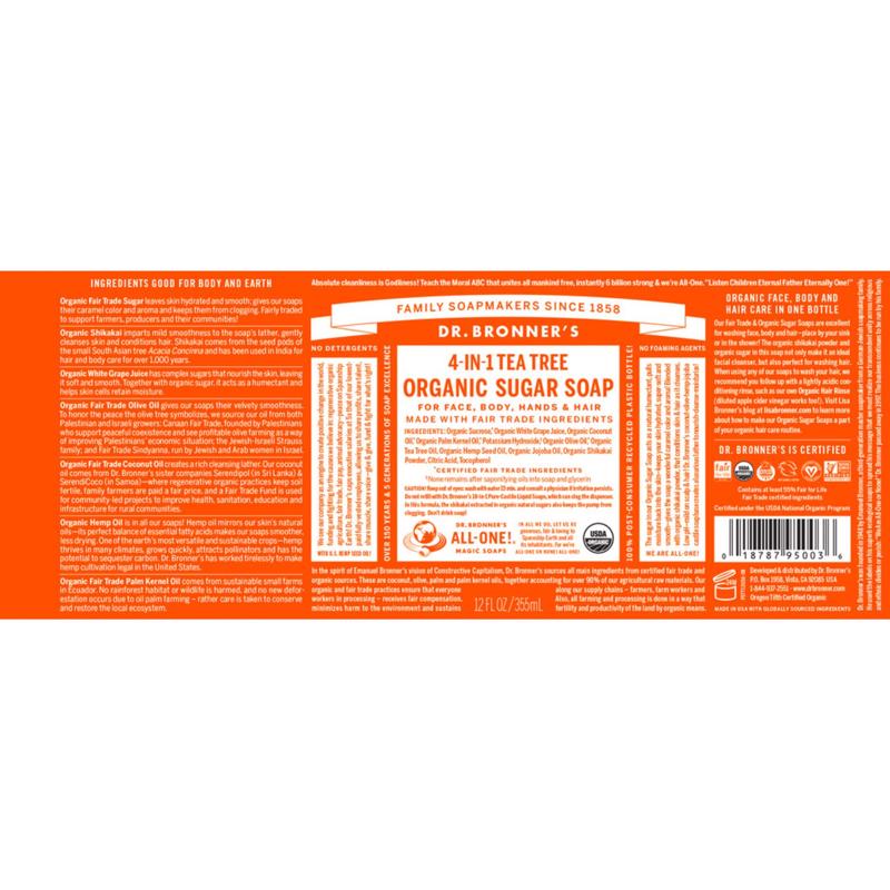 Dr. Bronner's 4-in-1 Organic Tea Tree Scent Sugar Soap 12 oz, Pack of 12
