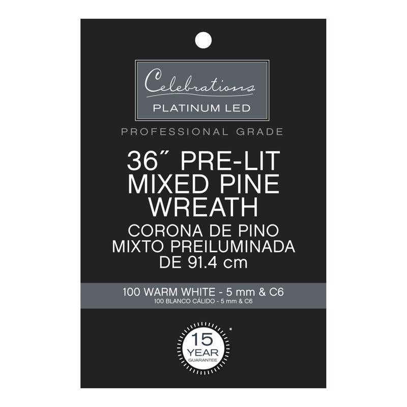 Celebrations Platinum 36 in. D LED Prelit Warm White Mixed Pine Christmas Wreath, Pack of 2