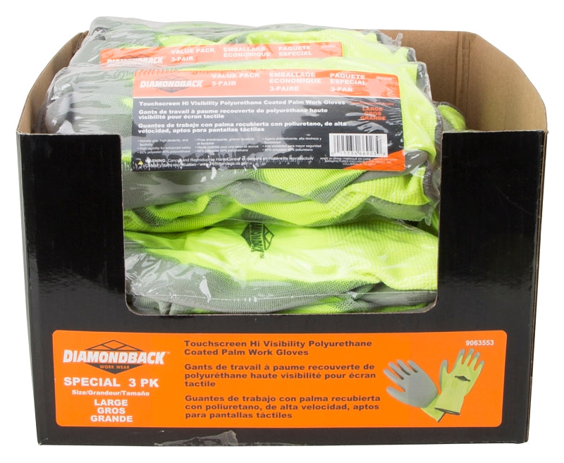 Diamondback PU6101 3-PAIR Touchscreen Hi Visibility Polyurethane Coated Palm Work Gloves, Yellow, Size: L, Pack of 12