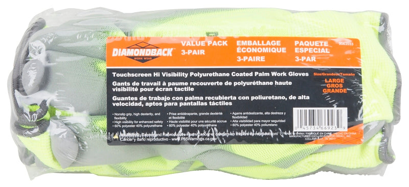 Diamondback PU6101 3-PAIR Touchscreen Hi Visibility Polyurethane Coated Palm Work Gloves, Yellow, Size: L, Pack of 12