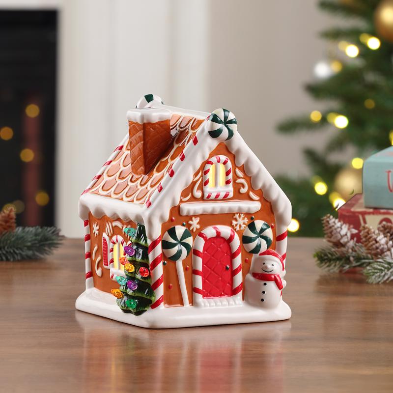 Mr. Christmas LED Brown Ceramic Gingerbread House Christmas Village 7 in., Pack of 4