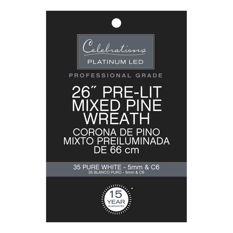 Celebrations Platinum 26 in. D LED Prelit Pure White Pine Wreath, Pack of 4