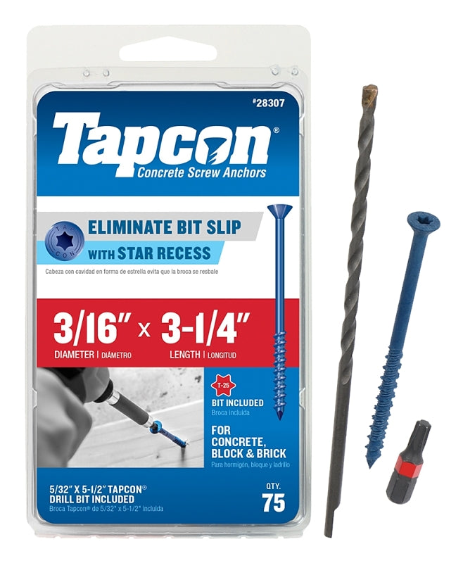 Tapcon 28307 Concrete Screw Anchor, T25 Screw, 3/16 in Dia, 3-1/4 in L, Steel, Climaseal, 75/PK