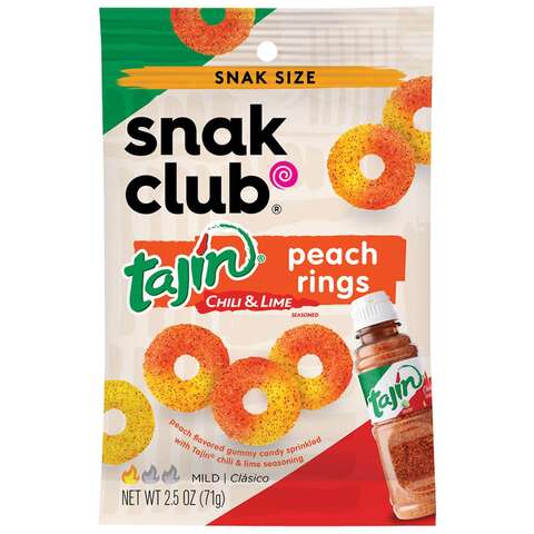 Snak Club Tajin Chili and Lime Peach Rings 2.5 oz Bagged, Pack of 12