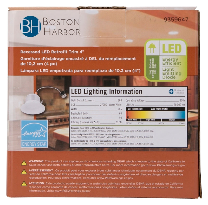 Boston Harbor DL4-095-3K Retrofit Trim, Recessed Lighting Kits, Plastic, Warm White, White, 1-Piece