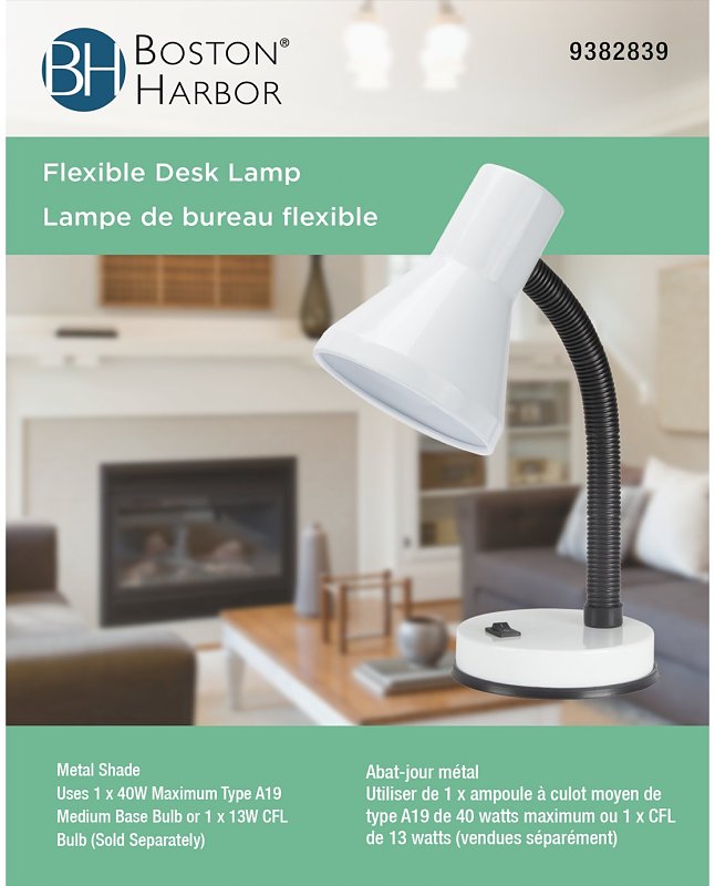 Boston Harbor TL-TB-134-WH-3L Flexible Desk Lamp, 120 V, 60 W, 1-Lamp, CFL Lamp, White Fixture, White