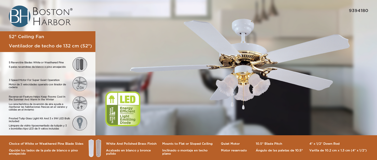 Boston Harbor CF-78025L Ceiling Fan, 0.8 A, 120 V, 5-Blade, 52 in Sweep, 2942 cfm Air