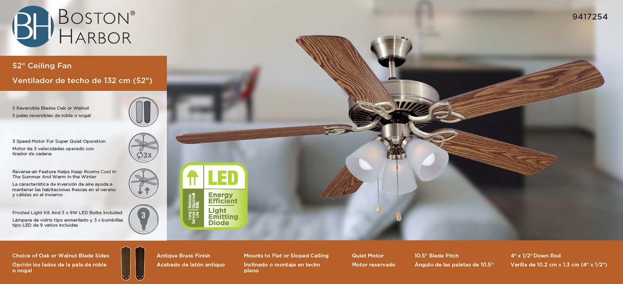 Boston Harbor CF-78042 Ceiling Fan, 5-Blade, Oak/Walnut Blade, 52 in Sweep, 3-Speed, With Lights: Yes