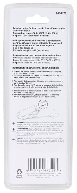 Omaha BBQ-37248 Thermometer, 1/8 in W Blade, Stainless Steel Blade, Plastic case, Stainless Steel Probe Needle, 6 in OAL