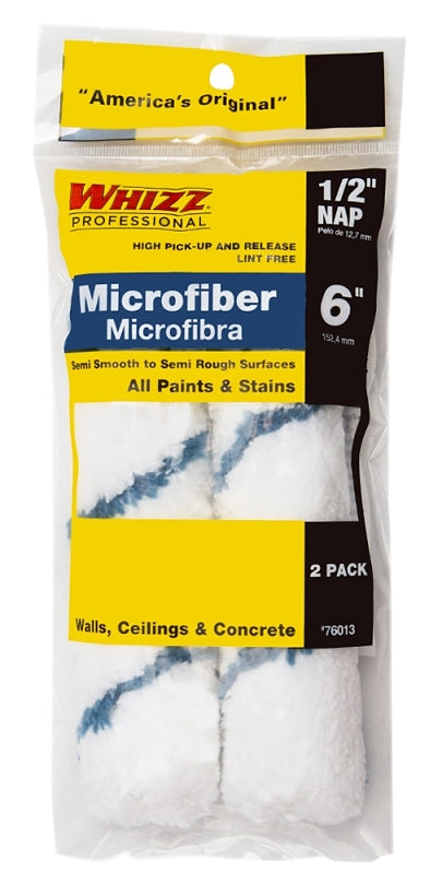 Whizz 76013 Mini Roller Cover, 1/2 in Thick Nap, 6 in L, Microfiber Cover, 2/PK