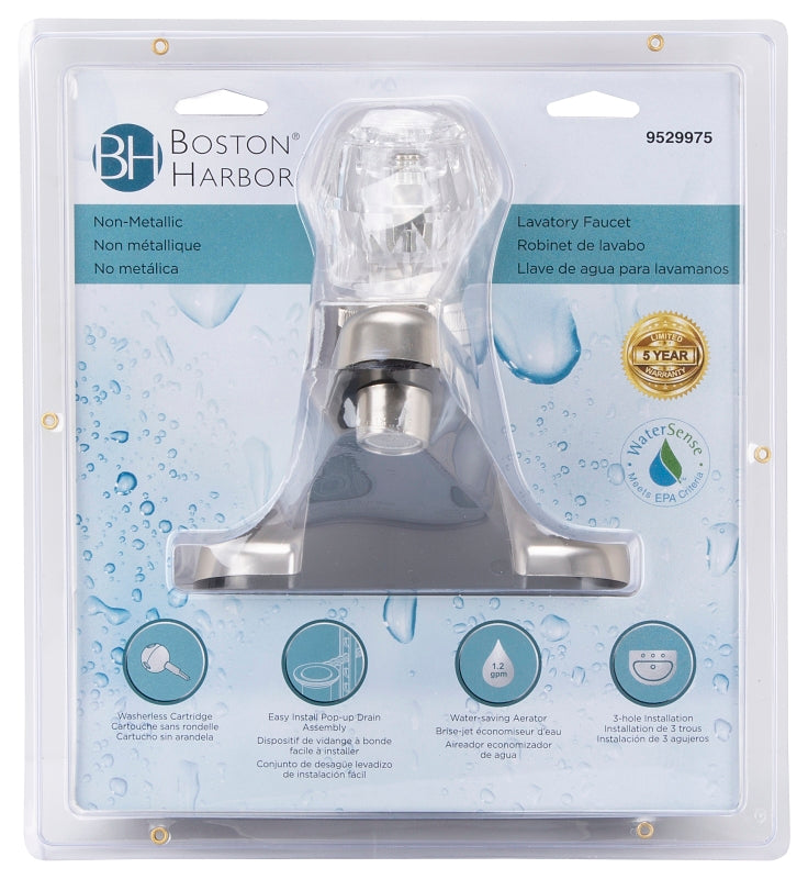 Boston Harbor JY-4100PRBN Lavatory Faucet, 1.5 gpm, 1-Handle, Brushed Nickel, Round Handle
