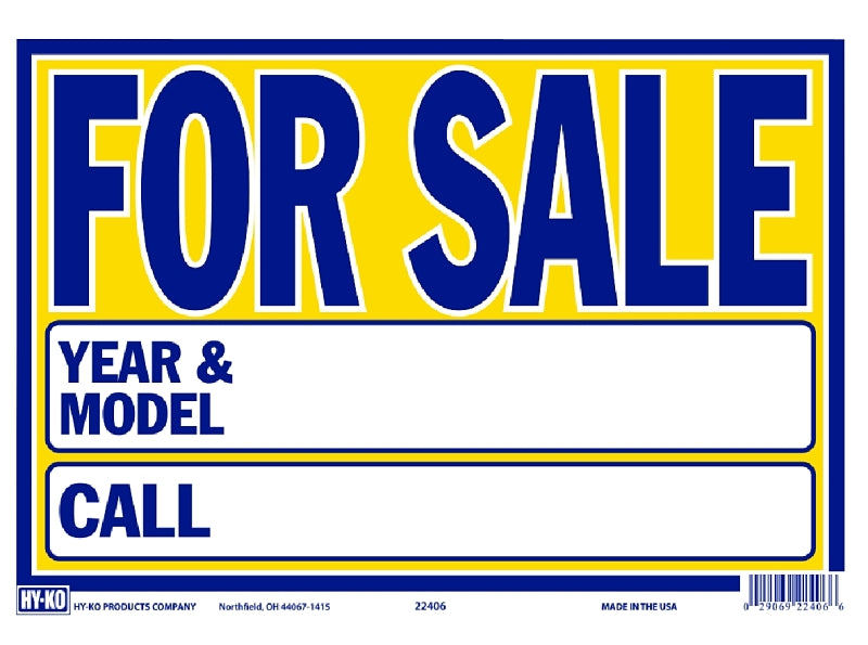 Hy-Ko 22406 Neon Sign, 9 x 13 in Dimensions, FOR SALE, YEAR & MODEL, CALL, Blue Legend, Yellow Background, Plastic, Pack of 10