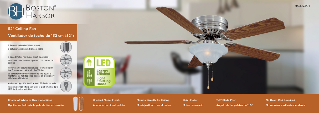 Boston Harbor CF-B-652+1F242SN Ceiling Fan, 5-Blade, Oak/Walnut Blade, 52 in Sweep, MDF Blade, 3-Speed