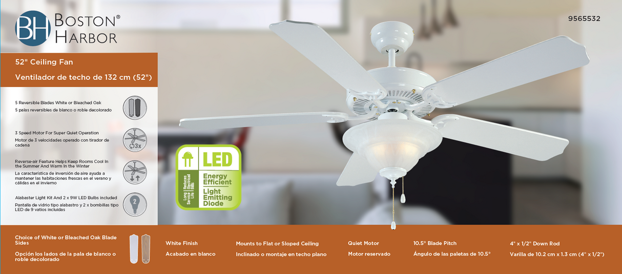 Boston Harbor CF-B552+1F242WH Ceiling Fan, 5-Blade, Bleached Oak/White Blade, 52 in Sweep, MDF Blade, 3-Speed