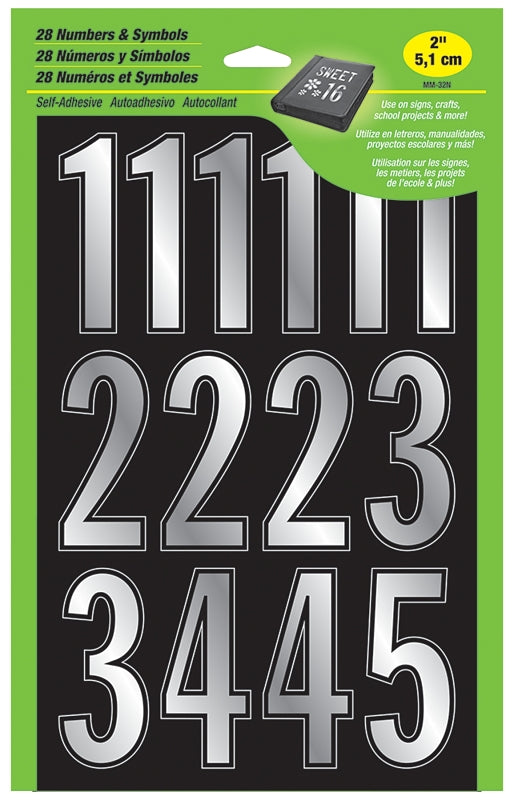 Hy-Ko MM-32N Prism Number Set, 2 in H Character, Silver Character, Vinyl, Pack of 5