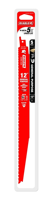Diablo DS1214BGP5 Series Reciprocating Saw Blade, Applicable Materials: Metal, Plastic, Wood, 12 in L, 8/14 TPI, 5/PK