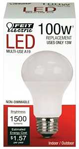 Feit Electric A1600/827/10KLED LED Lamp, General Purpose, 1500 Lumens, 15 W, A19 Lamp, 100 W Equivalent, E26 Lamp Base
