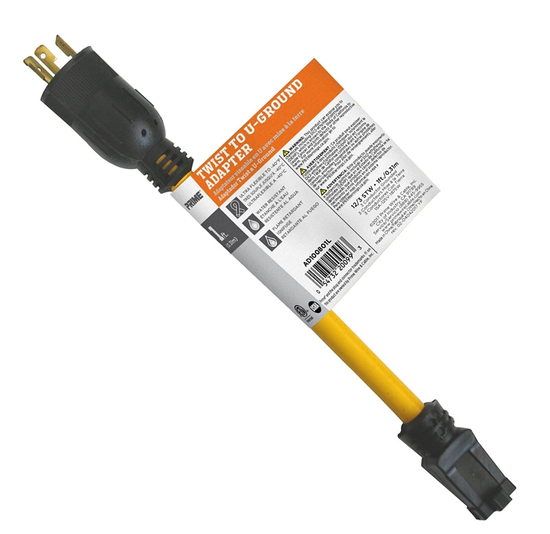 Prime AD100801L Twist to U-Ground Adapter, 15 A, 125 V, 3 -Outlet, Yellow