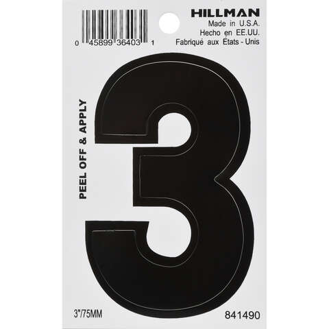 HILLMAN 3 in. Black Vinyl Self-Adhesive Number 3 1 pc, Pack of 6