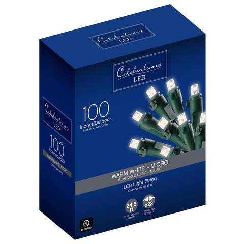 Celebrations Blue LED Micro/5mm Warm White 100 ct String Christmas Lights 24.5 ft., Pack of 12