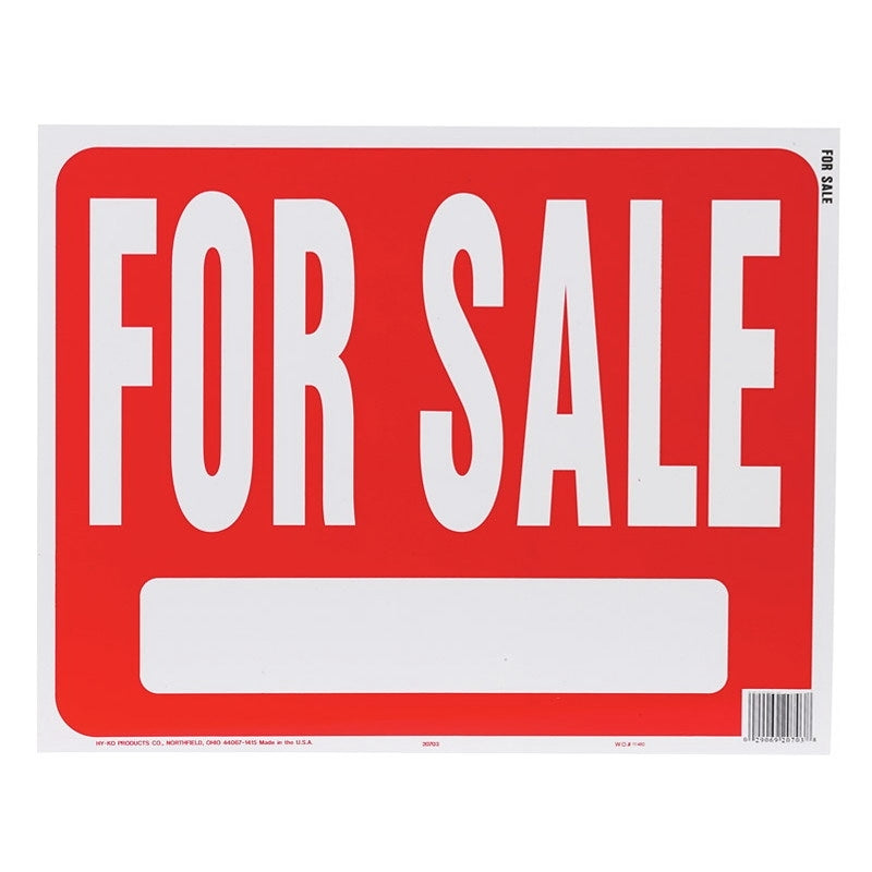Hy-Ko 20703 Jumbo Sign, 15 x 19 in Dimensions, FOR SALE, SINGLE LINE, White Legend, Red Background, Plastic, 5/PK, Pack of 5