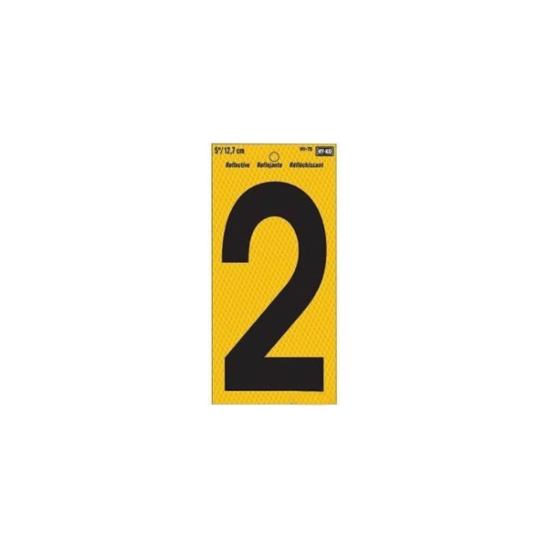 Hy-Ko RV-75/2 Reflective Sign, Character: 2, 5 in H Character, Black Character, Yellow Background, Vinyl, Pack of 10