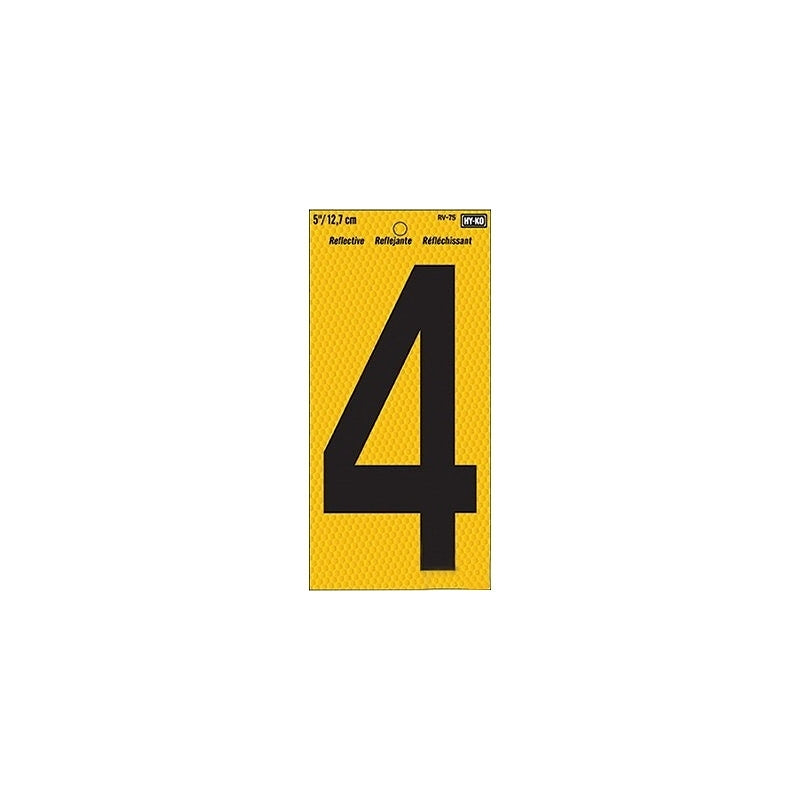 Hy-Ko RV-75/4 Reflective Sign, Character: 4, 5 in H Character, Black Character, Yellow Background, Vinyl, Pack of 10